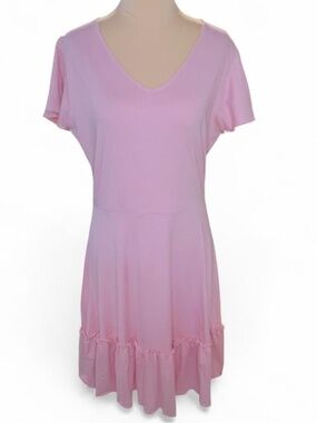 Alredine Pink Drop Waist Dress with Ruffled Cap Sleeves and Hem in Small